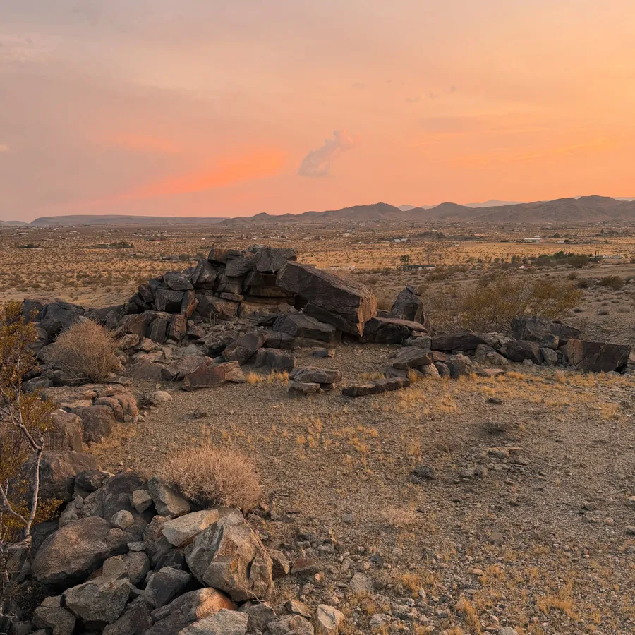 Boulders and open desert at golden hour